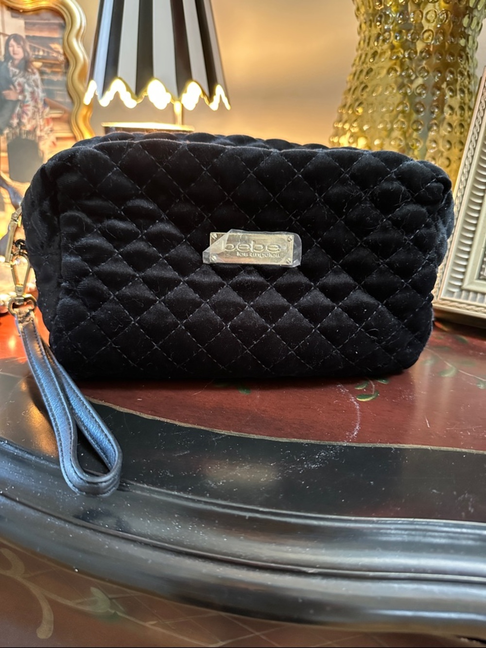 bebe Black Quilted Velvet Wristlet Clutch with Logo Plaque NWT